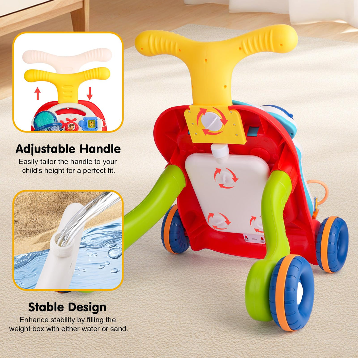 AuntyFey anti-slip wheels stabilize the walker during pushes