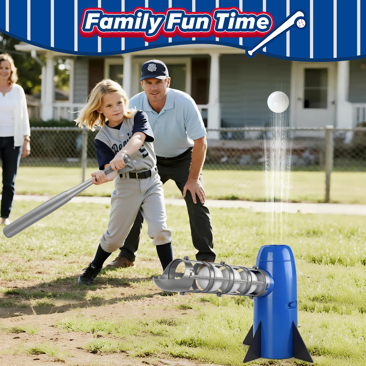 AuntyFey blue pitching machine image highlighting color and design for outdoor drills.