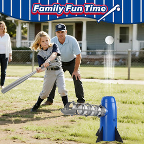 AuntyFey blue pitching machine image highlighting color and design for outdoor drills.