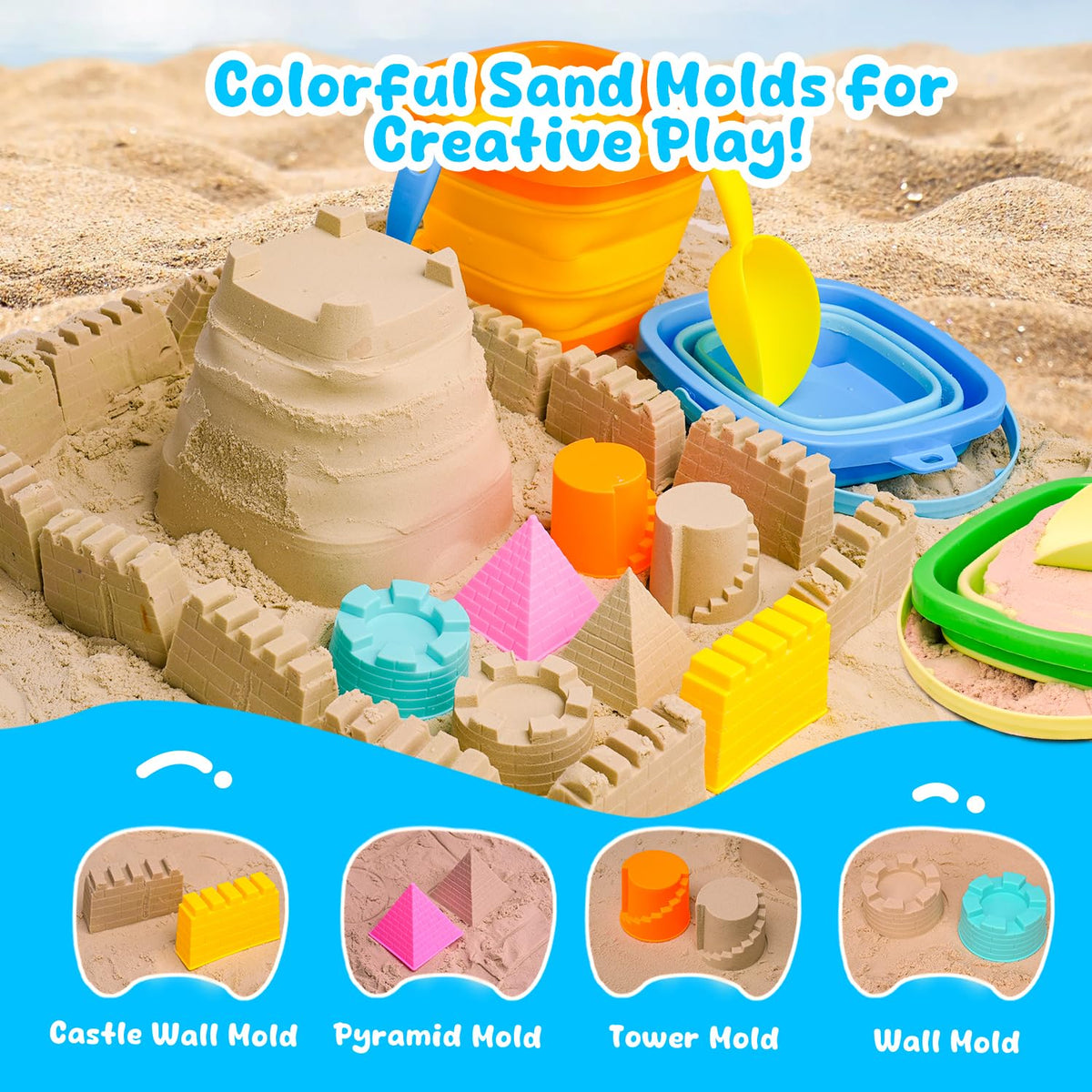 AuntyFey castle sand molds provide detailed towers for imaginative beachfront play.