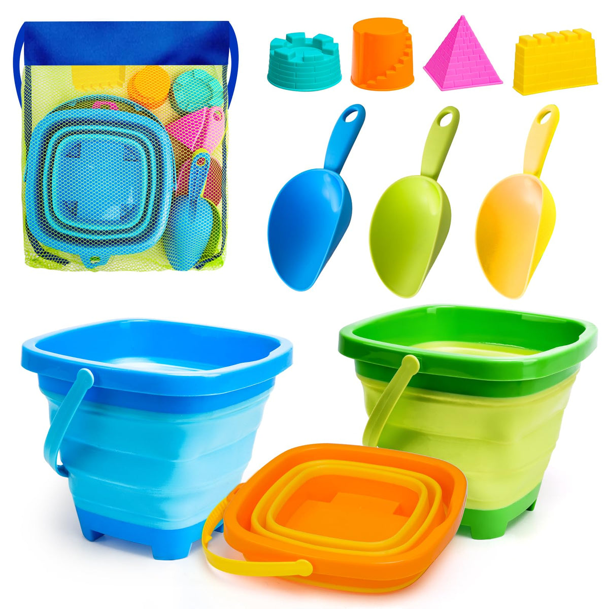 AuntyFey collapsible beach buckets ready for sun-filled sand play, easy to store.