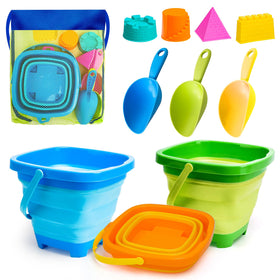 AuntyFey collapsible beach buckets ready for sun-filled sand play, easy to store.
