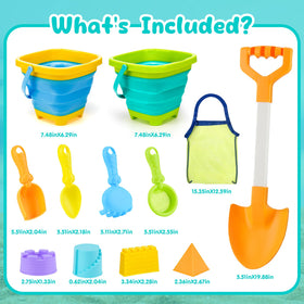 AuntyFey kids building sandcastles with colorful molds and shovels.