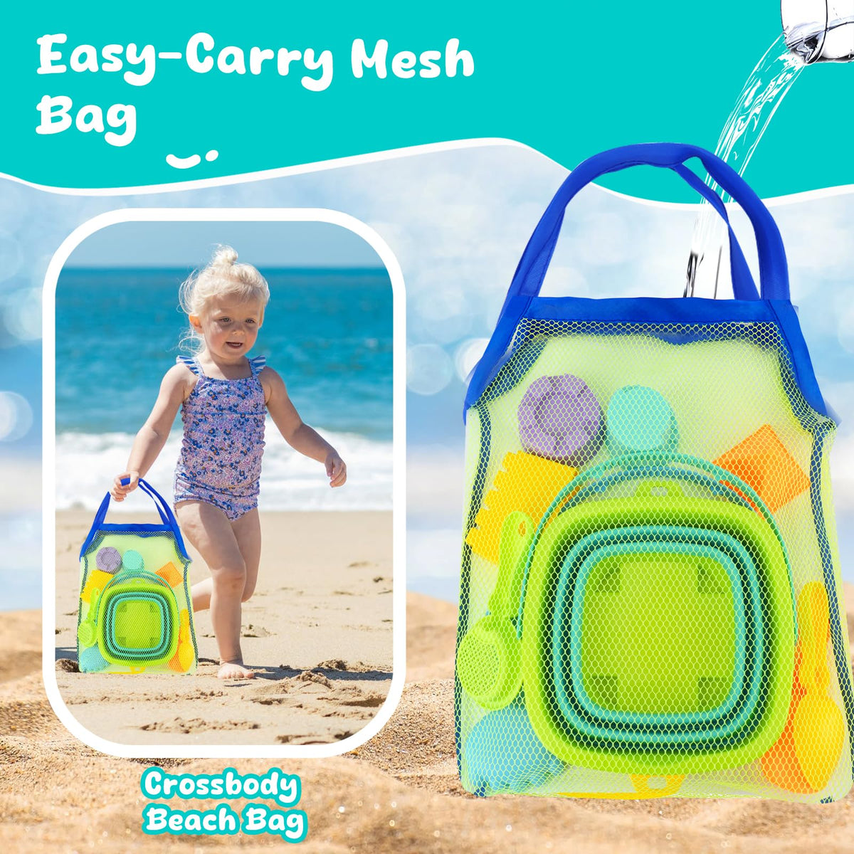 AuntyFey storage bag keeps beach toys organized for travel.
