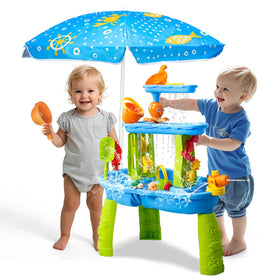 AuntyFey water table with umbrella shade provides sun protection for safe outdoor play.