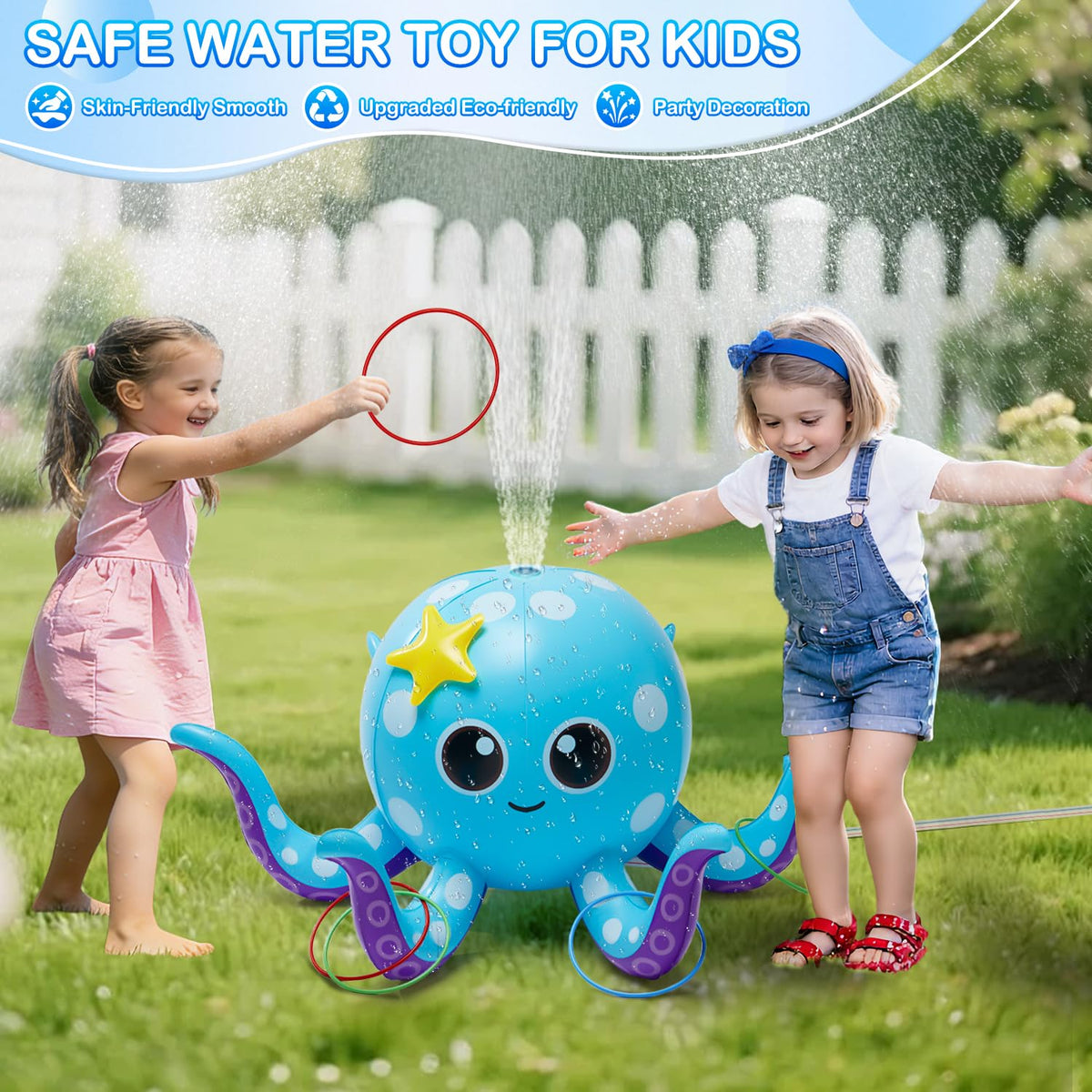 AURASUN sprinkler in action with kids and water spray in the yard.