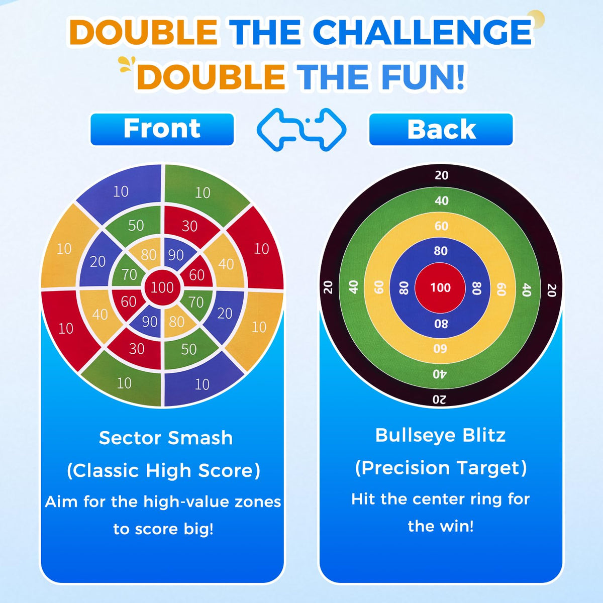 AURASUN double-sided dartboard offers two play modes for versatility.