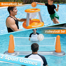 AURASUN inflatable basketball hoop mounted over water for multi-sport play.
