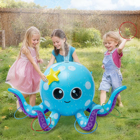 AURASUN inflatable octopus sprinkler in backyard for cooling water play.