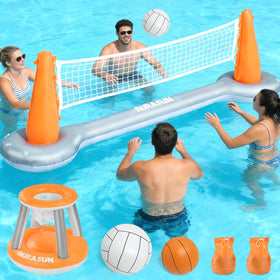 AURASUN inflatable pool volleyball net in action, simple setup for family fun.