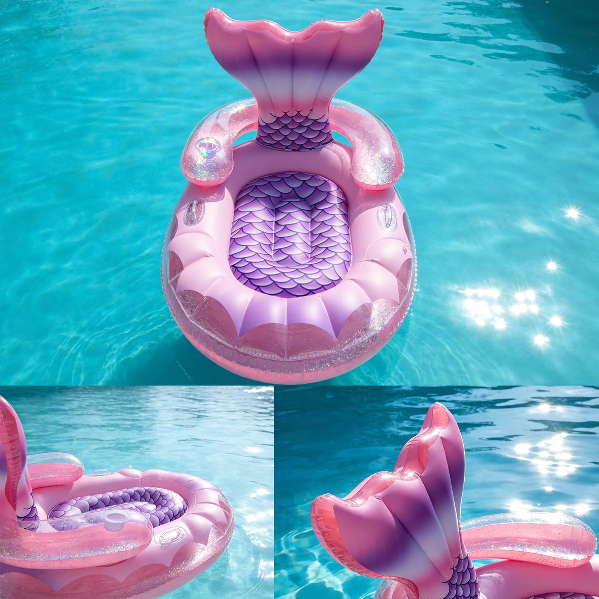 AURASUN Mermaid Pool Bed backrest with mermaid tail supports lounging.