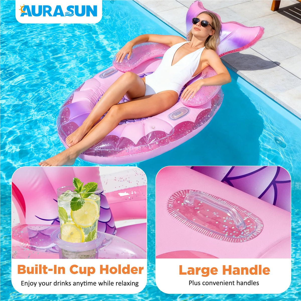 AURASUN Mermaid Pool Bed cup holder keeps drinks within reach.