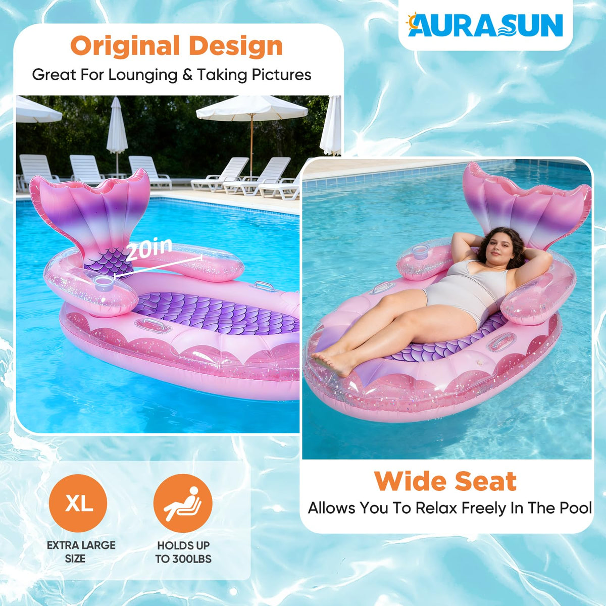 AURASUN Mermaid Pool Bed extra thick PVC ensures durability and tear resistance.