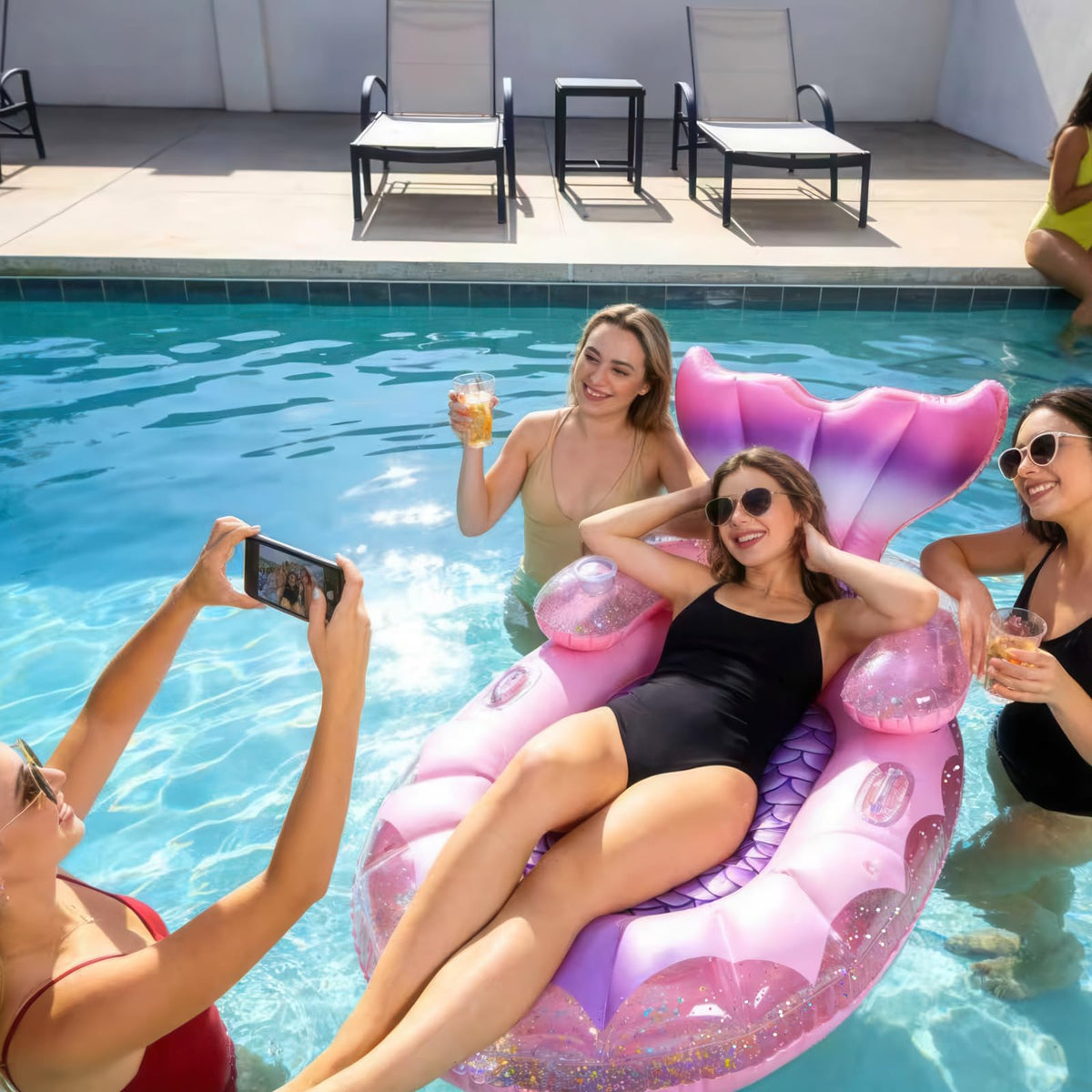 AURASUN Mermaid Pool Bed glitter interior shimmers for festive pool vibes.