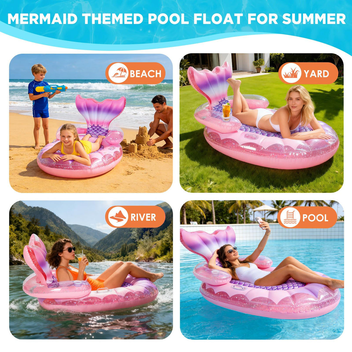 AURASUN Mermaid Pool Bed party-ready pink float enhances group photos.