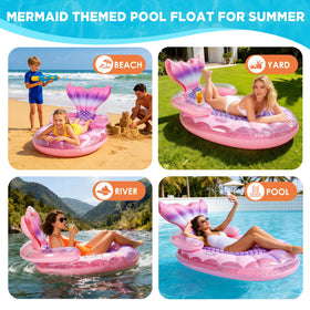 AURASUN Mermaid Pool Bed party-ready pink float enhances group photos.