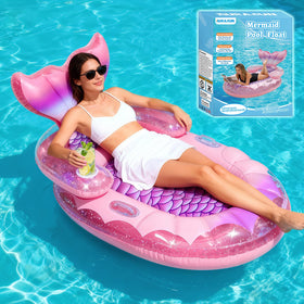 AURASUN Mermaid Pool Bed pink 63x39 for comfortable poolside sunbathing.