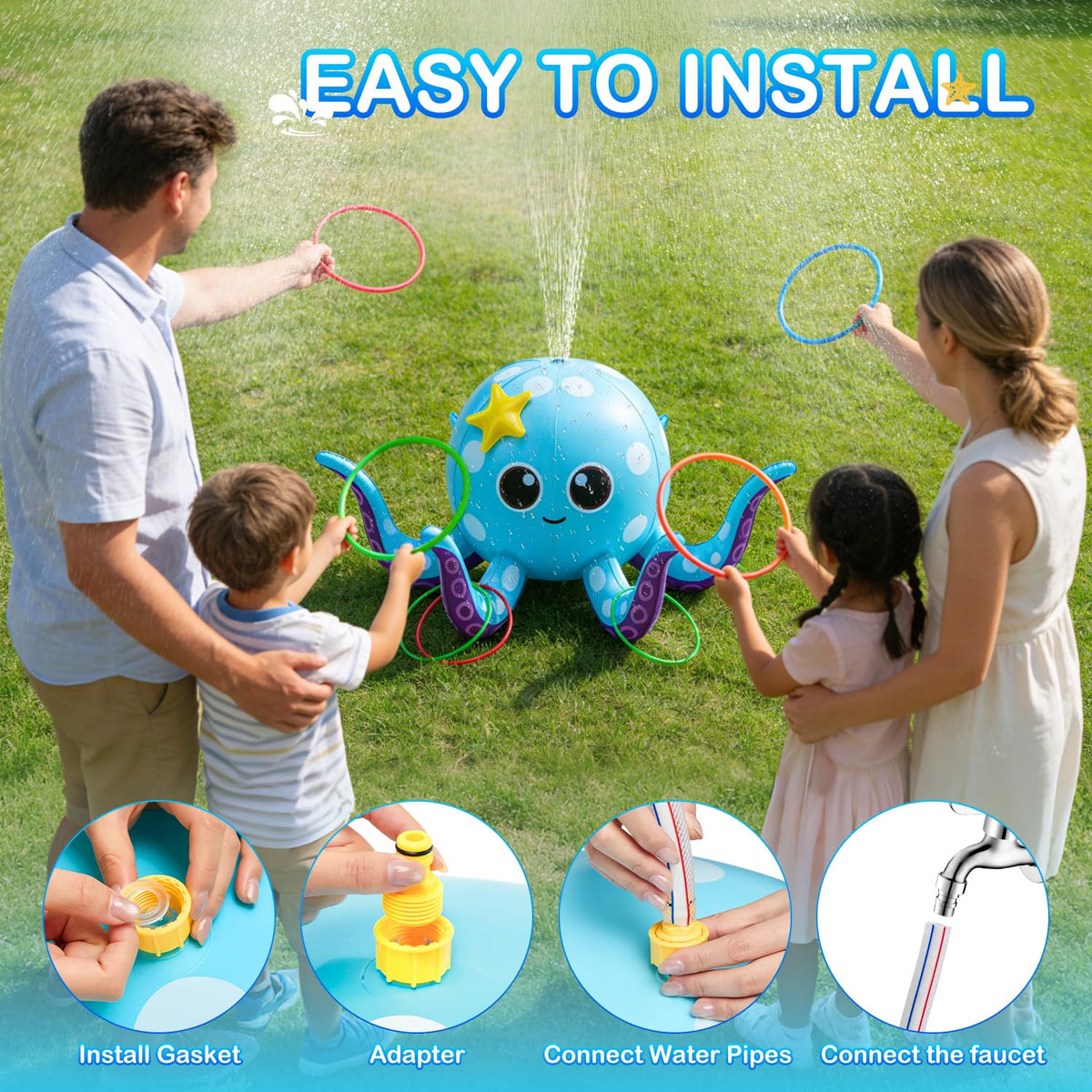 AURASUN octopus sprinkler with 6 rings promotes ring toss play.