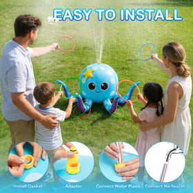 AURASUN octopus sprinkler with 6 rings promotes ring toss play.