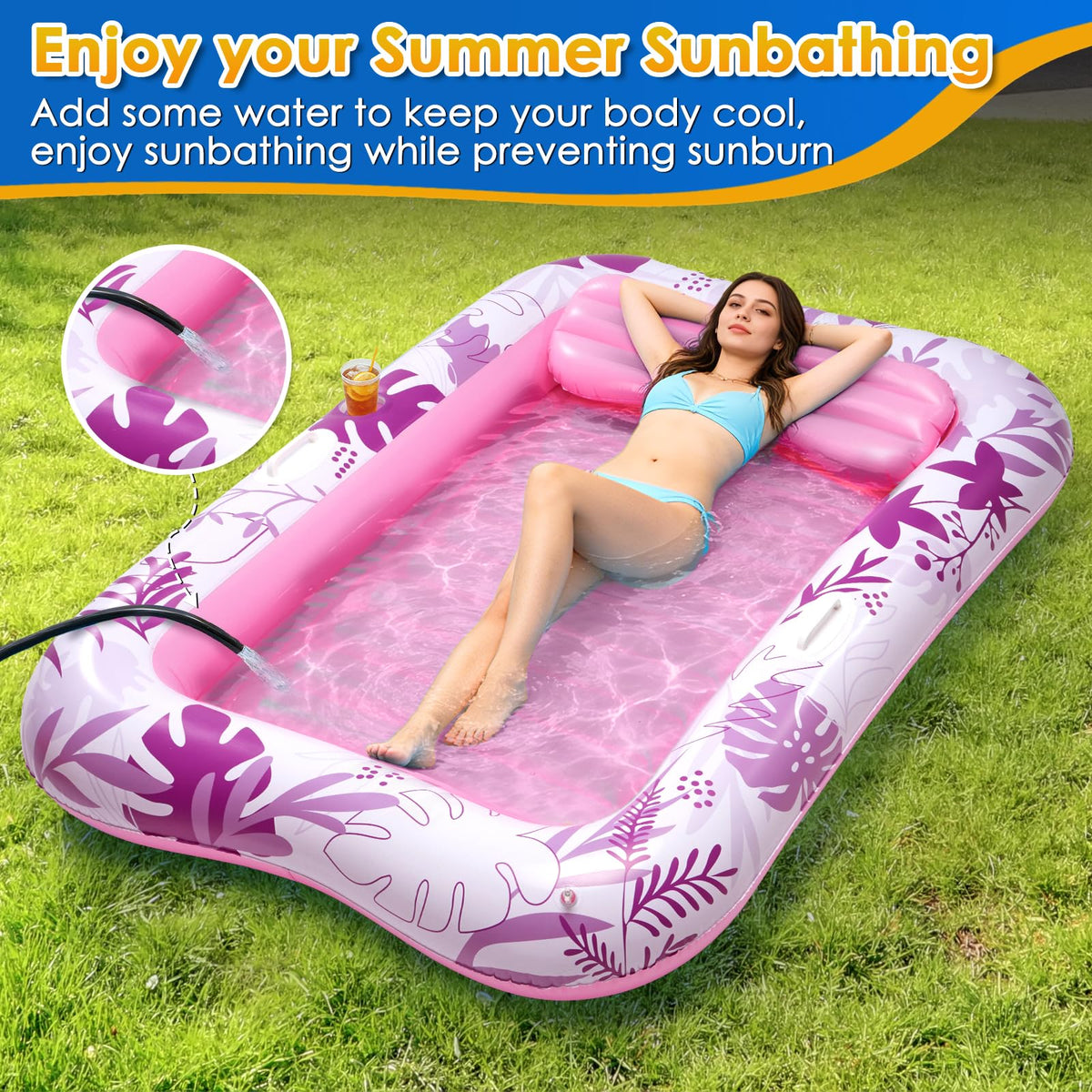 Relaxed on AURASUN tanning lounger enjoying sun and cool water.