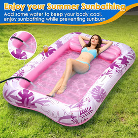 Relaxed on AURASUN tanning lounger enjoying sun and cool water.