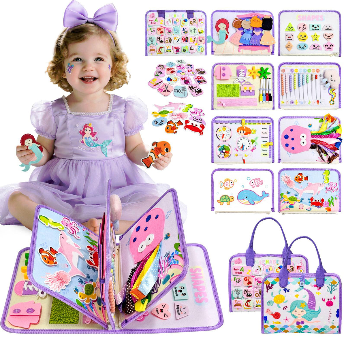 Aurasys Mermaid Busy Board front view supports early exploration and fine motor play.