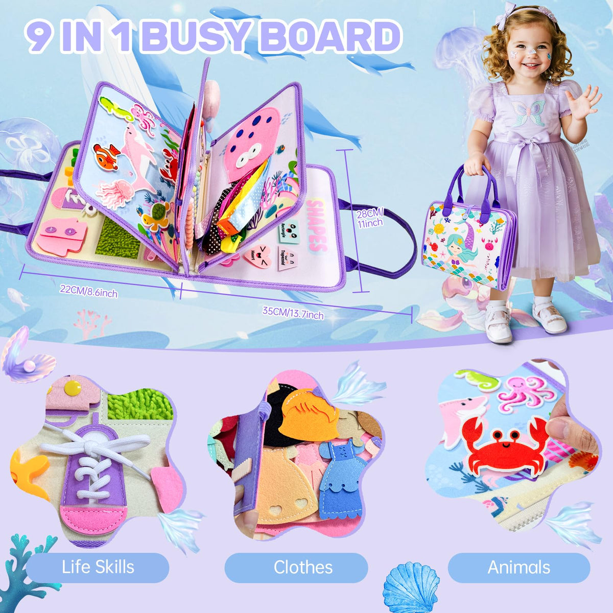 Aurasys Mermaid Busy Board pages open highlighting learning through sorting and matching.