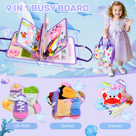 Aurasys Mermaid Busy Board pages open highlighting learning through sorting and matching.