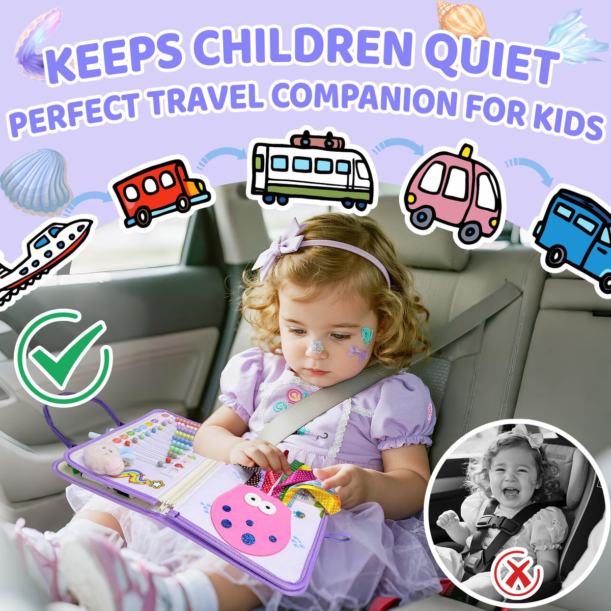 Aurasys Mermaid Busy Board travel handle shows on-the-go learning anywhere.