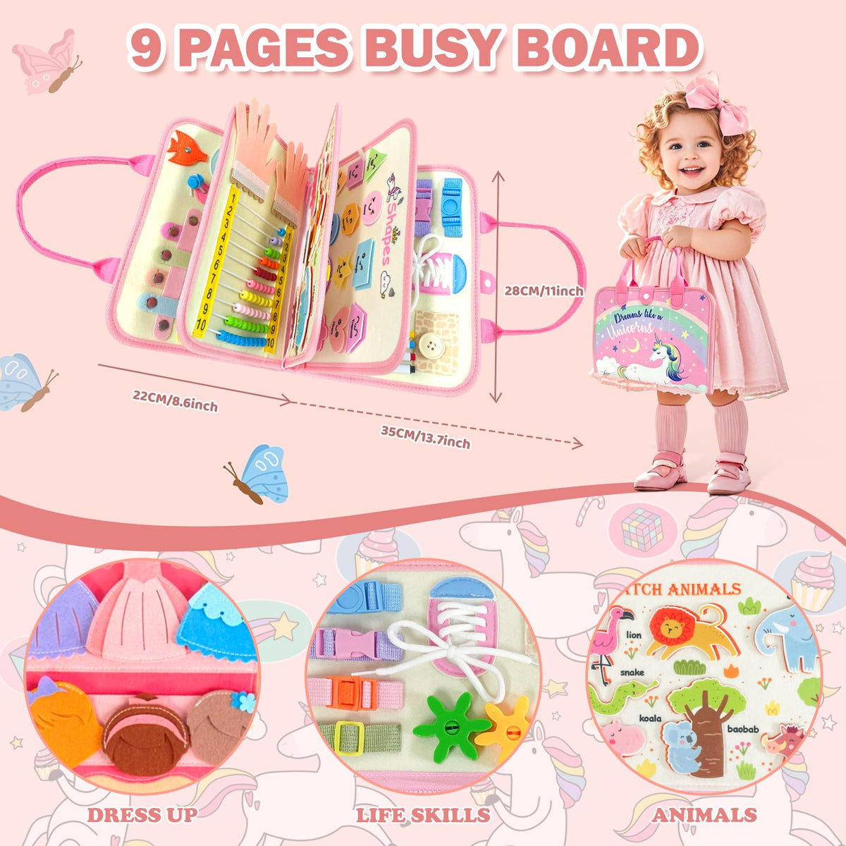 Aurasys Montessori busy book features letters and numbers for early learning