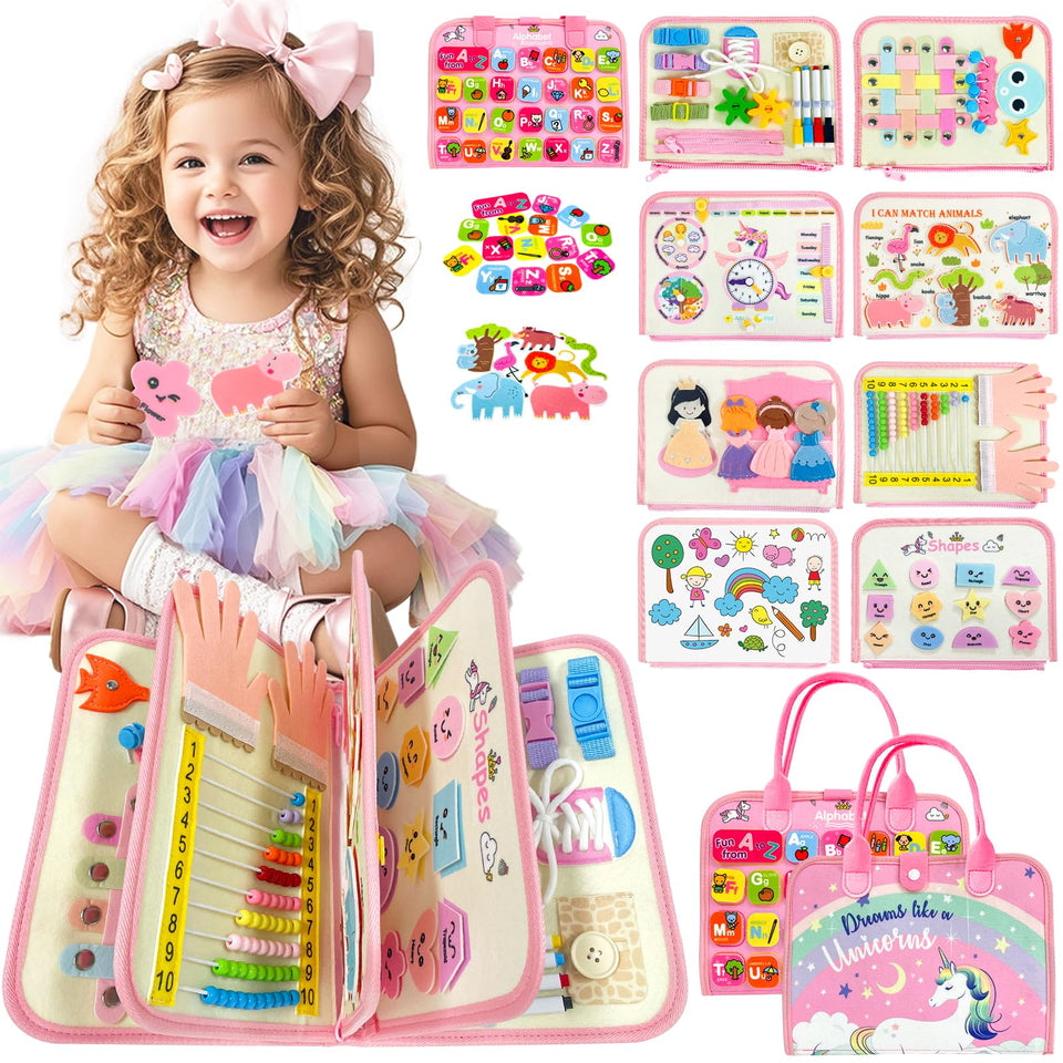 Aurasys toddler busy board shows 9-in-1 activities for early motor skills