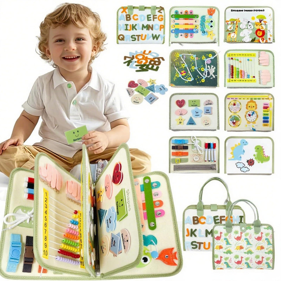Aurasys Toddler Busy Board contents show 9 learning pages that boost fine motor skills