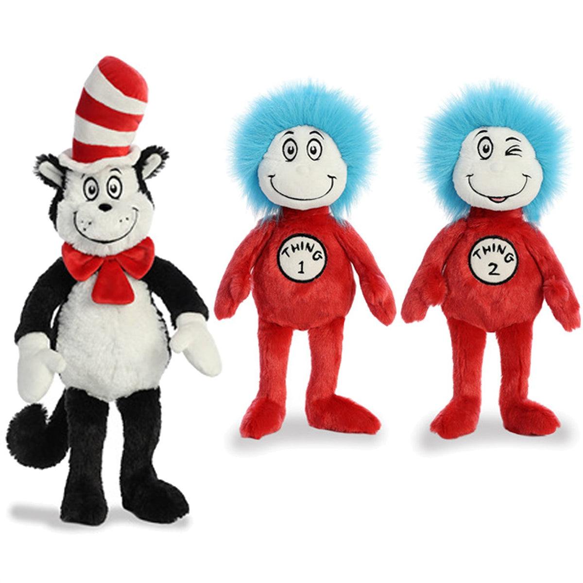 Aurora Cat in the Hat 20-inch plush with Thing 1 & Thing 2 for imaginative play.