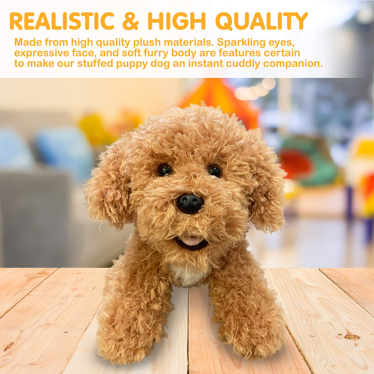 Aurora plush dog toy features a friendly face expression for hugs.