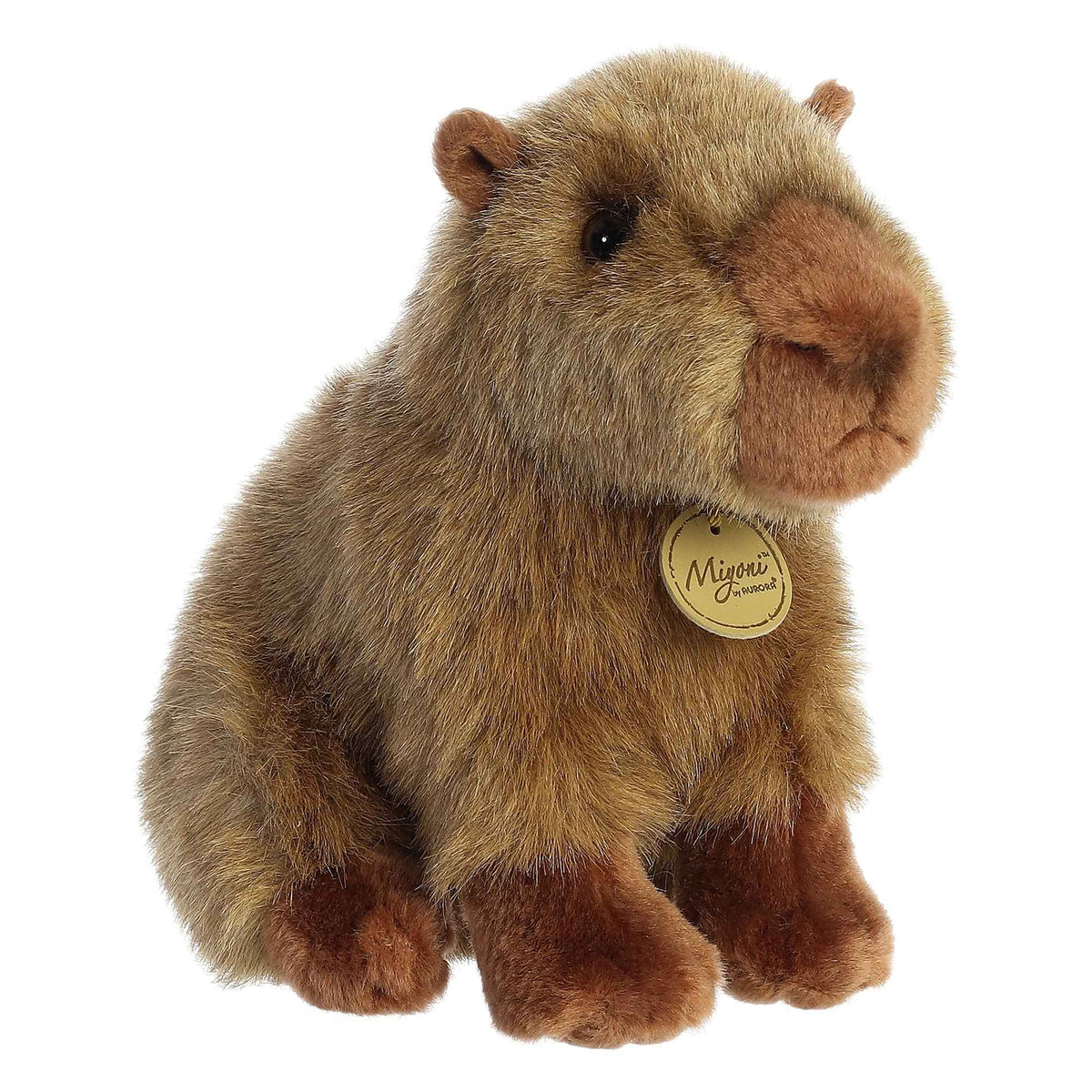 Aurora Miyoni capybara plush with brown coat sits upright for bedroom decor.
