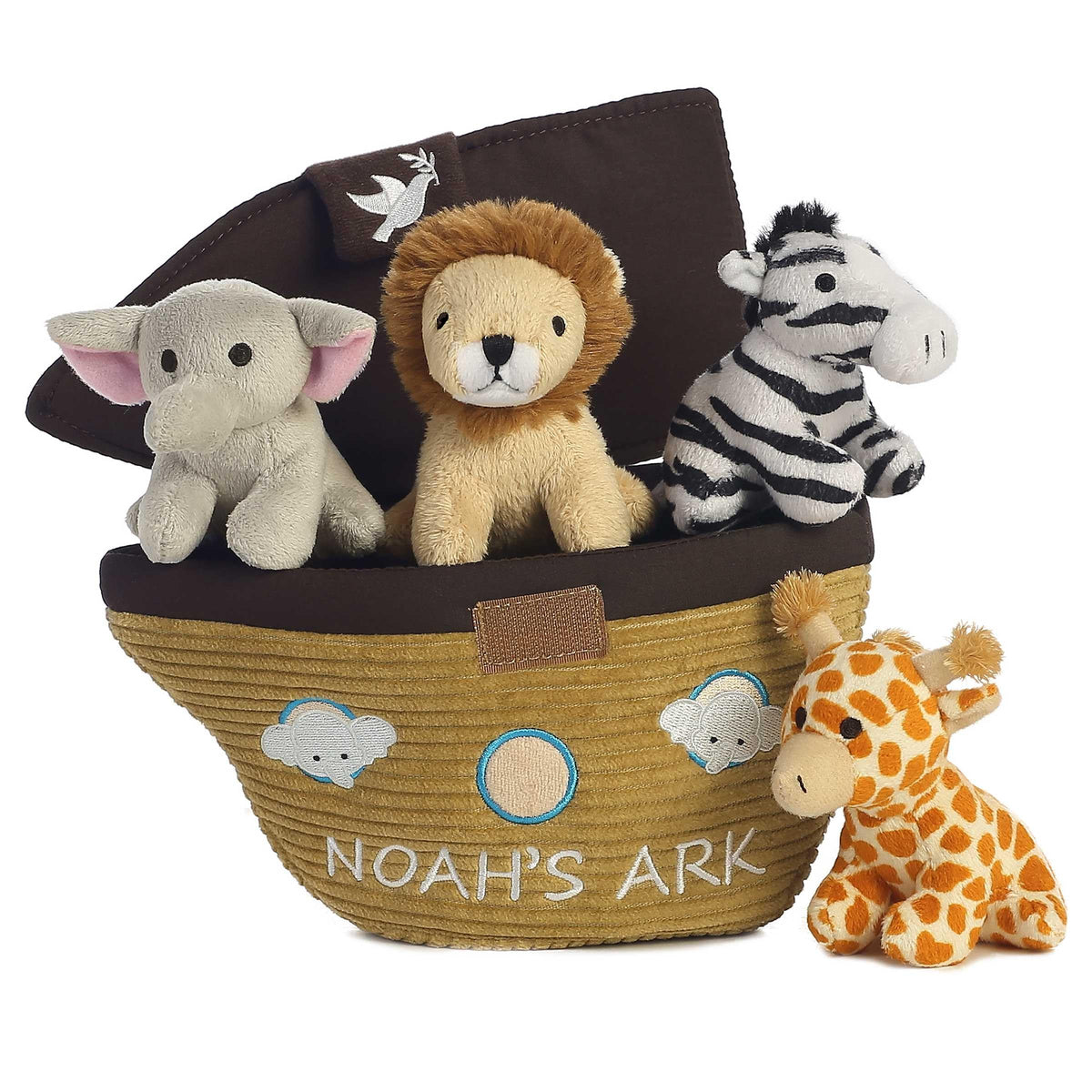 Aurora Noah's Ark elephant trumpet and lion roar plush, lively sounds boost sensory play