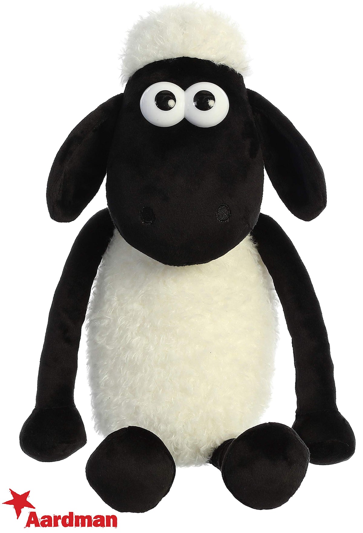 Aurora Shaun the Sheep plush side view showing long black arms for playful poses.