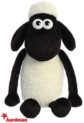Aurora Shaun the Sheep plush side view showing long black arms for playful poses.