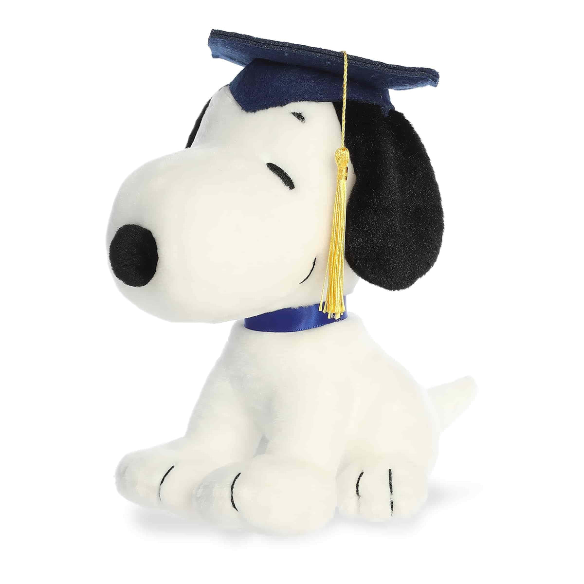 Aurora Snoopy graduation cap plush with soft fur, a heartwarming graduate keepsake.