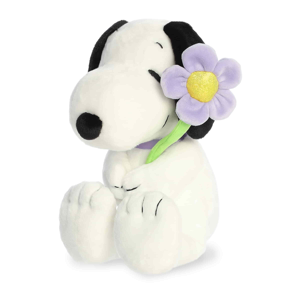 Aurora Snoopy plush holding a purple flower, 9-inch spring decor for shelves and gifts.