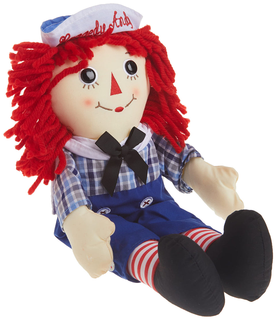 Aurora Raggedy Andy doll face close-up showing soft plush texture for comforting play.