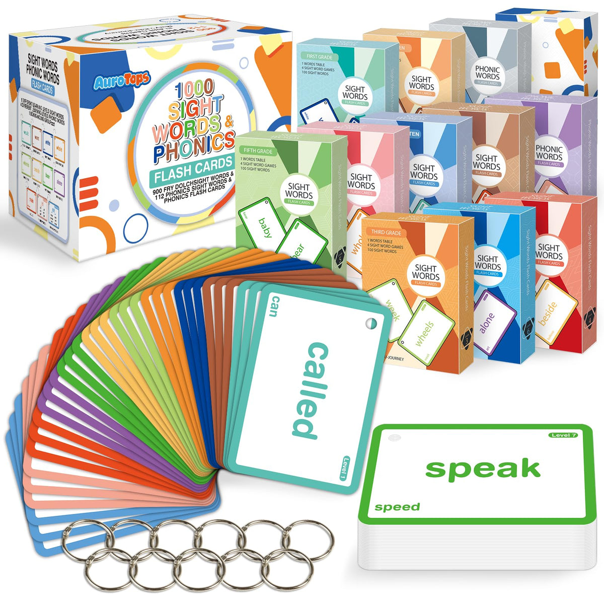 AuroTops 1012 sight words flash cards cover, colorful and durable for early reading practice.