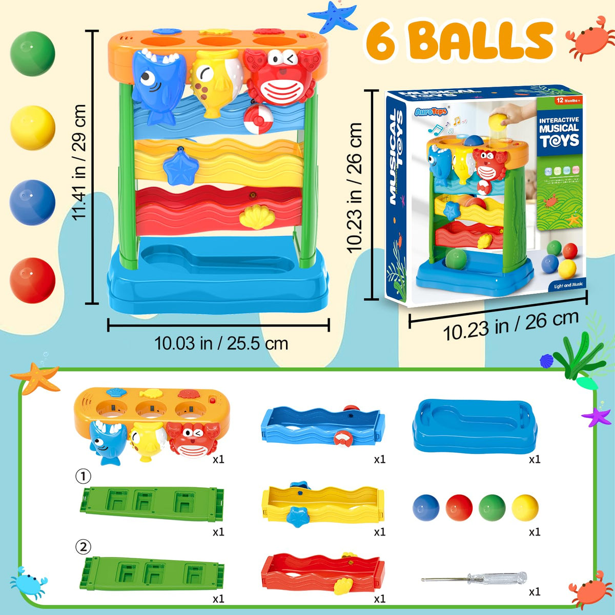 AuroTops ball drop toy yellow dolphin supports visual tracking and early motor skills.