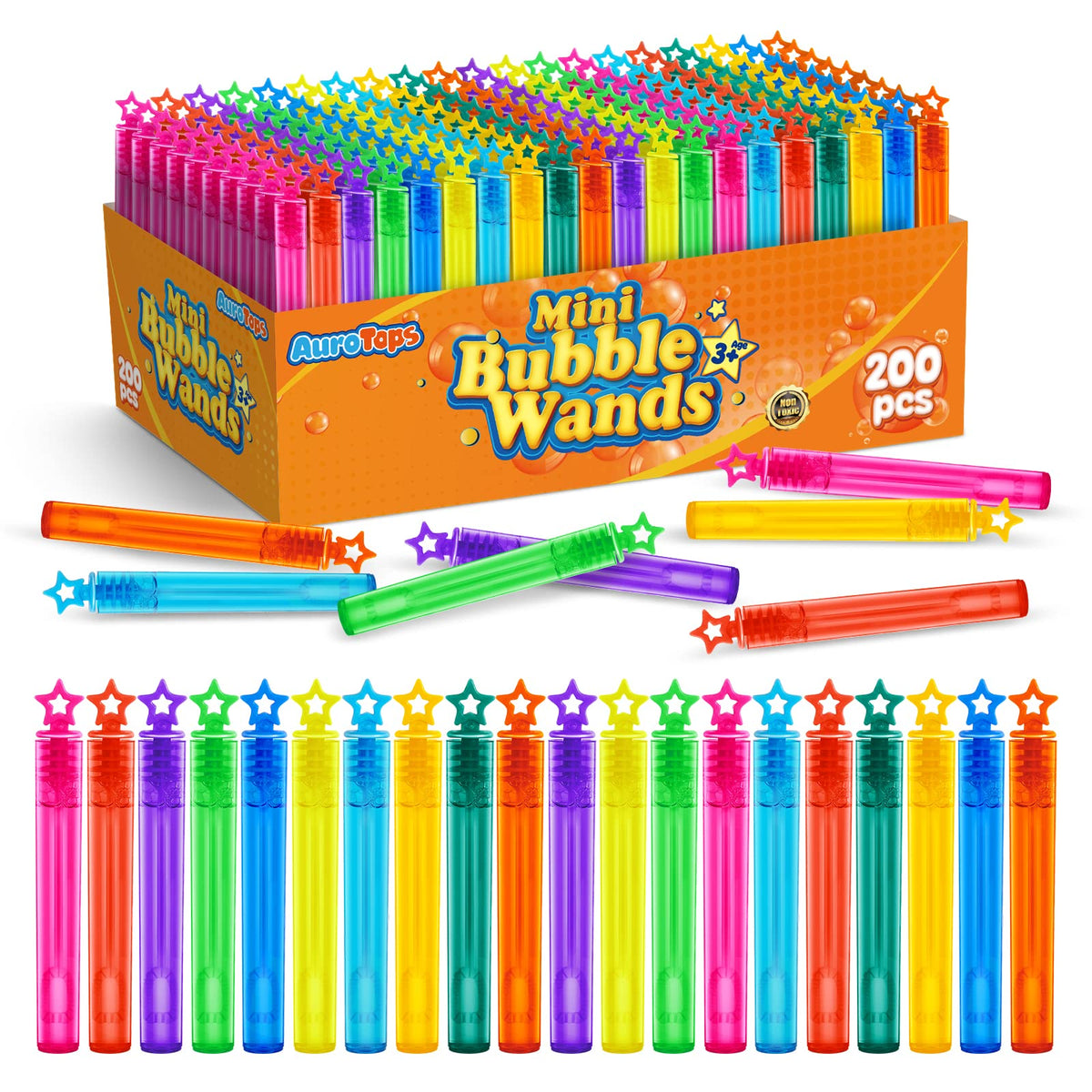 AuroTops mini bubble wands with star design in colorful box, ideal party favors.