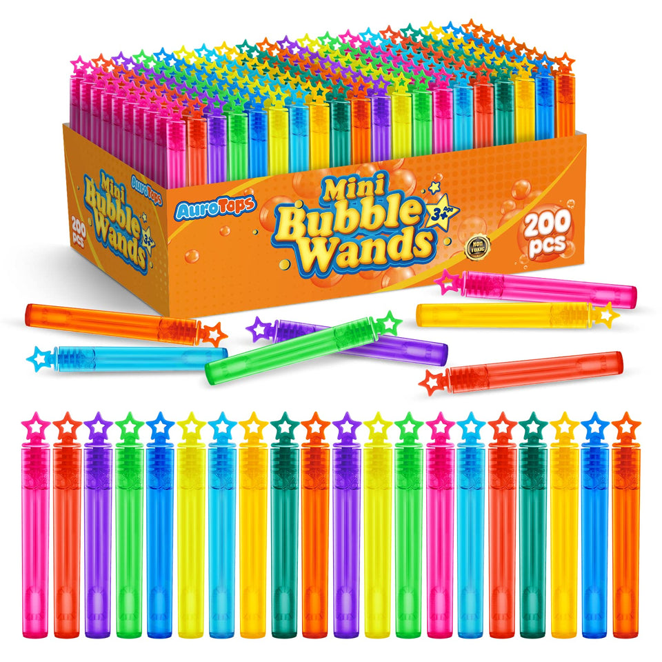 AuroTops mini bubble wands with star design in colorful box, ideal party favors.