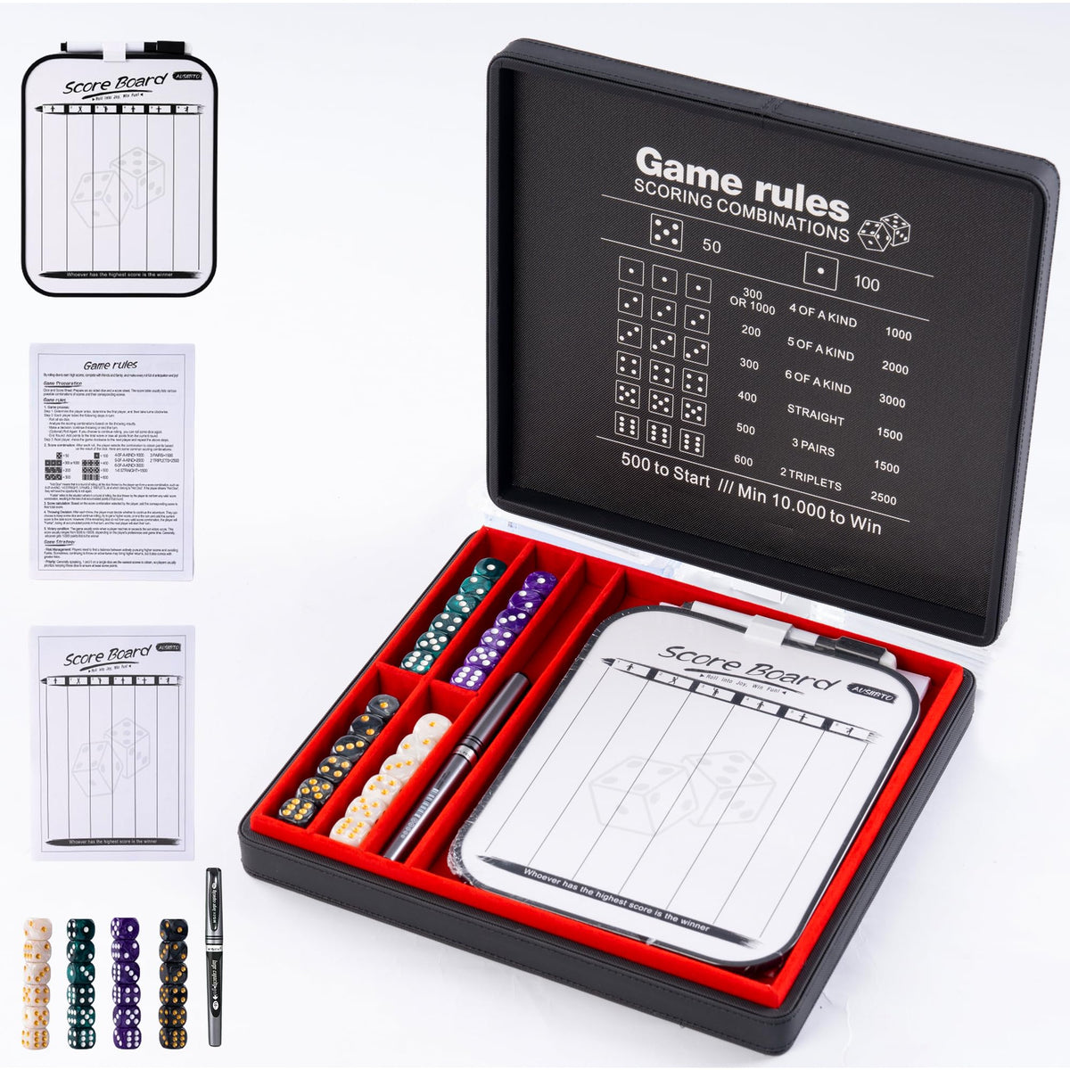 AUSIIBTO Farkle dice tray in a secure storage case, ideal for travel-friendly game nights.