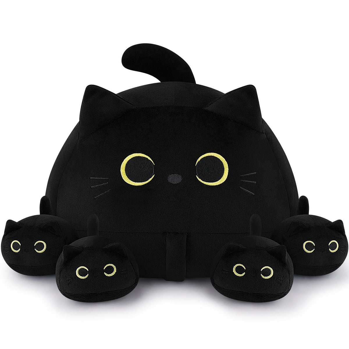Auspicious Beginning 19-inch black cat plush mommy with kittens for cozy hugs.