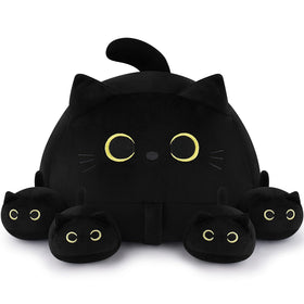 Auspicious Beginning 19-inch black cat plush mommy with kittens for cozy hugs.