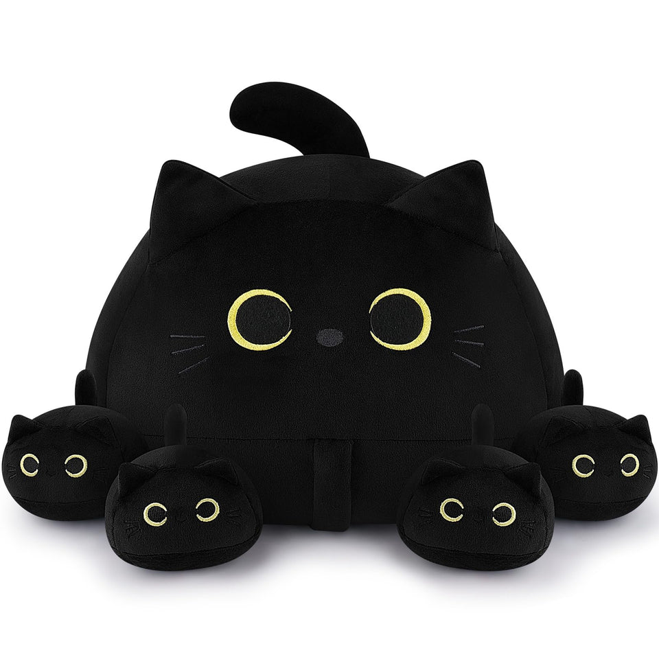 Auspicious Beginning 19-inch black cat plush mommy with kittens for cozy hugs.