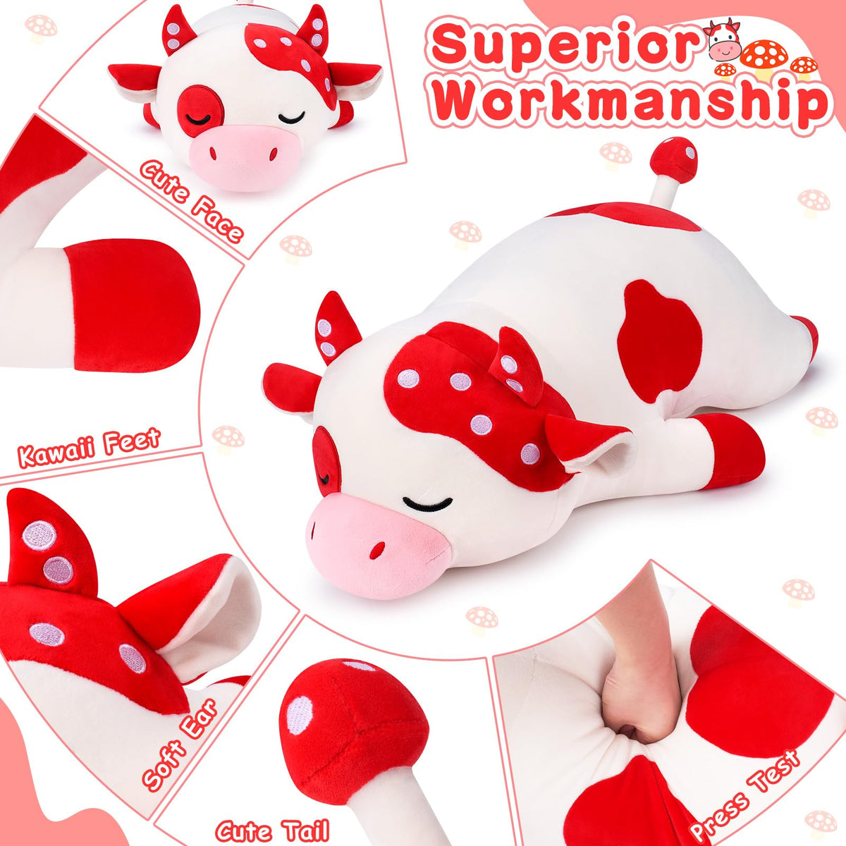 Auspicious Beginning 30'' Mushroom Cow plush, back view, soft and durable cuddle buddy.